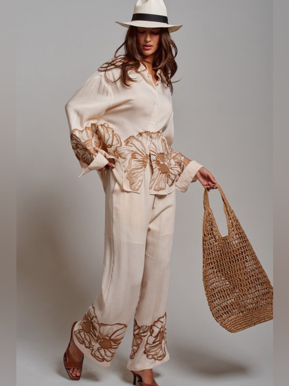 2 Piece Set Taupe Botanical Sketch Long Sleeve Blouse & Matching Wide Leg Pants